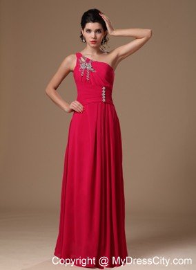 Red Floor-length Beaded Prom Gowns with One Shoulder