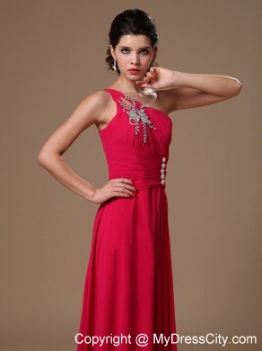 Red Floor-length Beaded Prom Gowns with One Shoulder