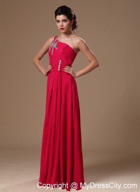 Red Floor-length Beaded Prom Gowns with One Shoulder