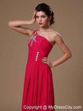 Red Floor-length Beaded Prom Gowns with One Shoulder