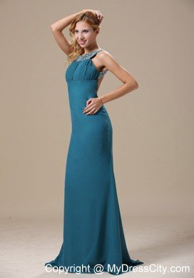 Teal Scoop Prom Dress With Beaded Decorate Shoulder