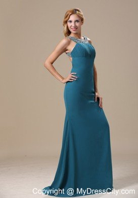 Teal Scoop Prom Dress With Beaded Decorate Shoulder