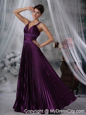 Straps Purple Column Taffeta Pleats Beading Prom Dress