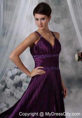 Straps Purple Column Taffeta Pleats Beading Prom Dress