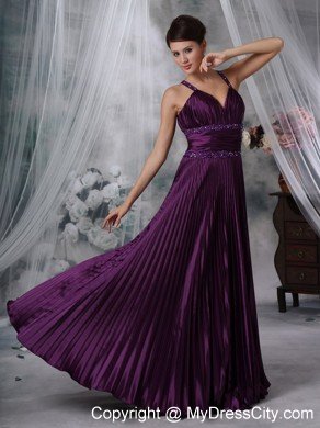 Straps Purple Column Taffeta Pleats Beading Prom Dress