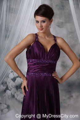 Straps Purple Column Taffeta Pleats Beading Prom Dress