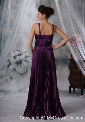 Straps Purple Column Taffeta Pleats Beading Prom Dress