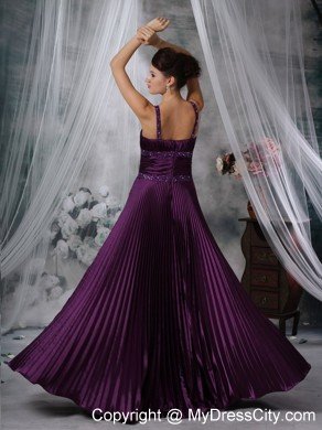 Straps Purple Column Taffeta Pleats Beading Prom Dress