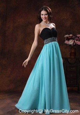 Aqua Blue and Black Beaded Decorate Waist Prom Dress