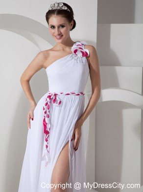 One Shoulder Flowers White Chiffon Prom Dress with Sash