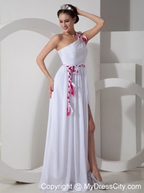 One Shoulder Flowers White Chiffon Prom Dress with Sash