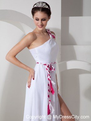 One Shoulder Flowers White Chiffon Prom Dress with Sash