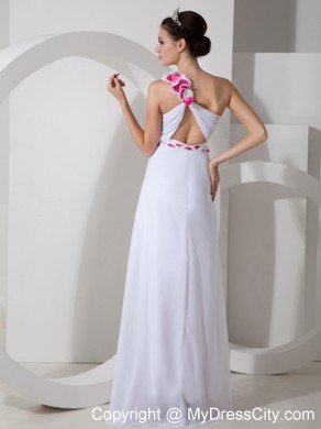 One Shoulder Flowers White Chiffon Prom Dress with Sash