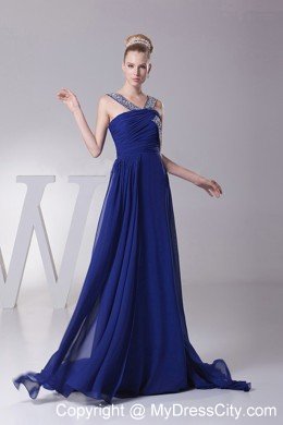 Beaded Decorate Brush Train V-neck Blue Dress for Prom