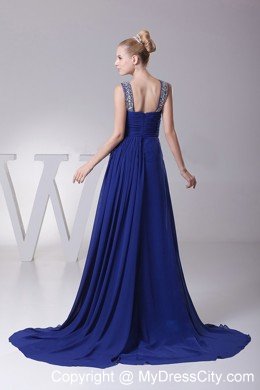 Beaded Decorate Brush Train V-neck Blue Dress for Prom