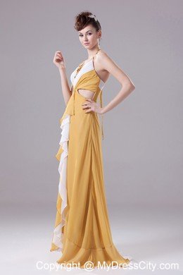 Gold Halter Chiffon Prom Party Dress With Side Cut Out