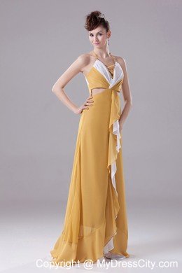 Gold Halter Chiffon Prom Party Dress With Side Cut Out