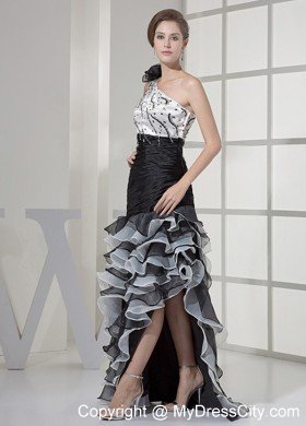 High-low White and Black One Shoulder Beaded Prom Dress