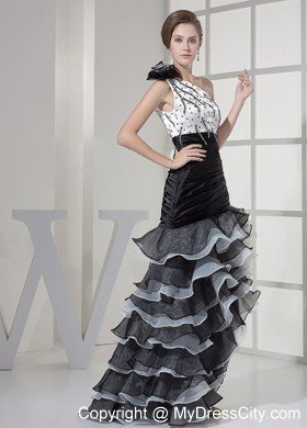 High-low White and Black One Shoulder Beaded Prom Dress