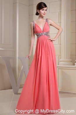 Watermelon V-neck Beading Prom Dress with Side Cut Out