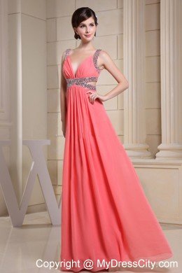 Watermelon V-neck Beading Prom Dress with Side Cut Out