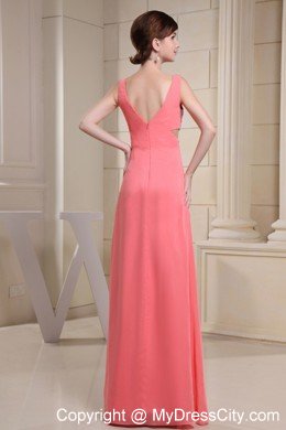 Watermelon V-neck Beading Prom Dress with Side Cut Out