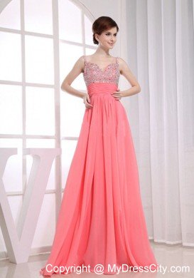 Straps Watermelon Chiffon Beading Empire Dress for Prom