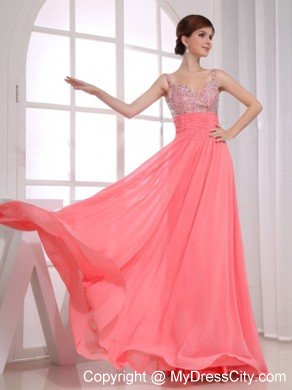 Straps Watermelon Chiffon Beading Empire Dress for Prom