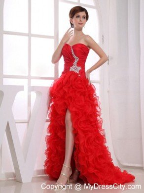 High-low Red Mermaid Silt Ruffles Layered Prom Dress