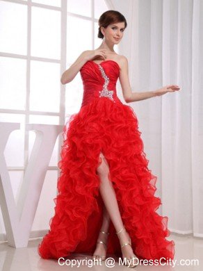 High-low Red Mermaid Silt Ruffles Layered Prom Dress