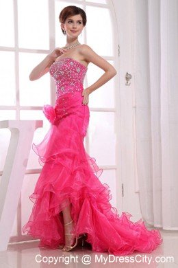 Mermaid Brush Tiered Organza Prom Dress in Hot Pink