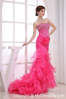 Mermaid Brush Tiered Organza Prom Dress in Hot Pink