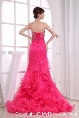 Mermaid Brush Tiered Organza Prom Dress in Hot Pink