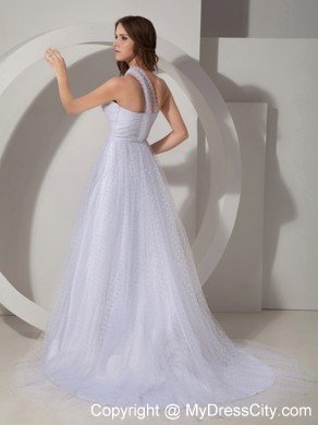 One Shoulder Court Train Tulle Side Zipper Back Prom Formal Dresses