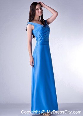 Sky Blue Column Ruched Ankle-length Prom Dress with Cool Neckline