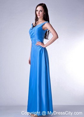 Sky Blue Column Ruched Ankle-length Prom Dress with Cool Neckline