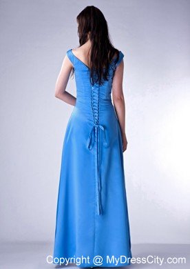 Sky Blue Column Ruched Ankle-length Prom Dress with Cool Neckline