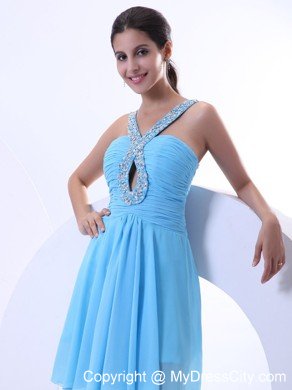 Mini-length Chiffon Aqua Blue Prom Cocktail Dress With Jeweled Neckline