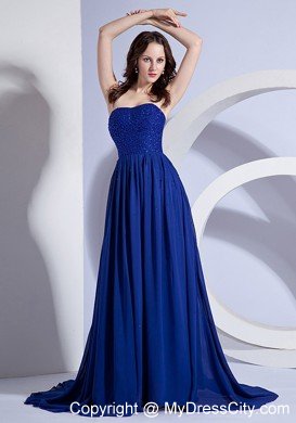 Plus Size Beaded Empire Court Train Royal Blue Prom Dresses