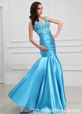 Column Halter Beaded Aqua Blue Prom Formal Dresses for Cheap