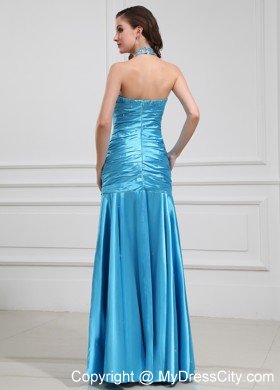 Column Halter Beaded Aqua Blue Prom Formal Dresses for Cheap