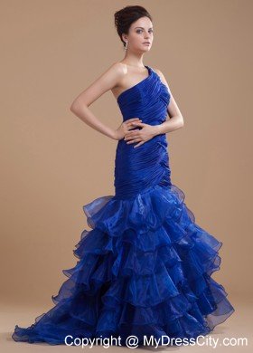 Organza Ruffled Layers Mermaid One Shoulder Royal Blue Prom Dress