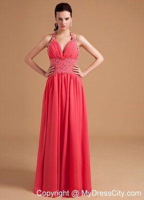 Beaded Halter Chiffon Watermelon Red Prom Evening Dresses