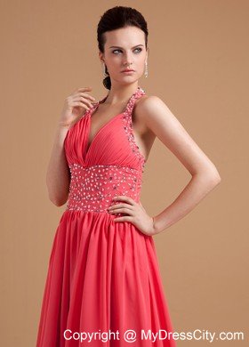 Beaded Halter Chiffon Watermelon Red Prom Evening Dresses