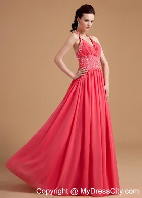 Beaded Halter Chiffon Watermelon Red Prom Evening Dresses