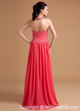 Beaded Halter Chiffon Watermelon Red Prom Evening Dresses