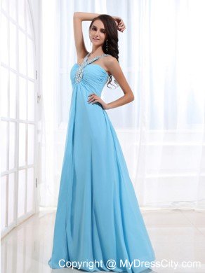 Aqua Blue Chiffon Empire Prom Party Dresses with Jeweled Neckline