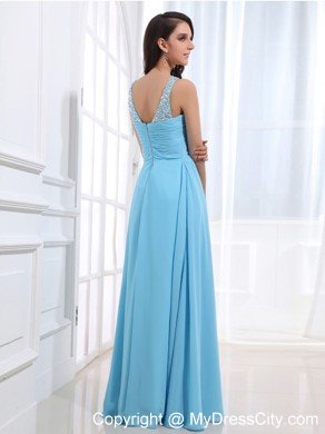 Aqua Blue Chiffon Empire Prom Party Dresses with Jeweled Neckline