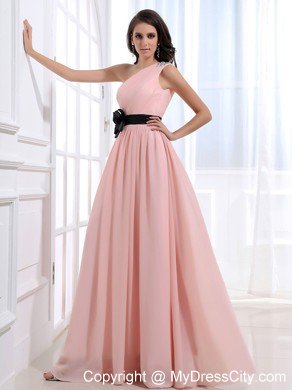 Beaded One Shoulder Baby Pink Prom Dresses with Black Flower Belt