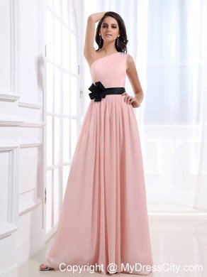 Beaded One Shoulder Baby Pink Prom Dresses with Black Flower Belt